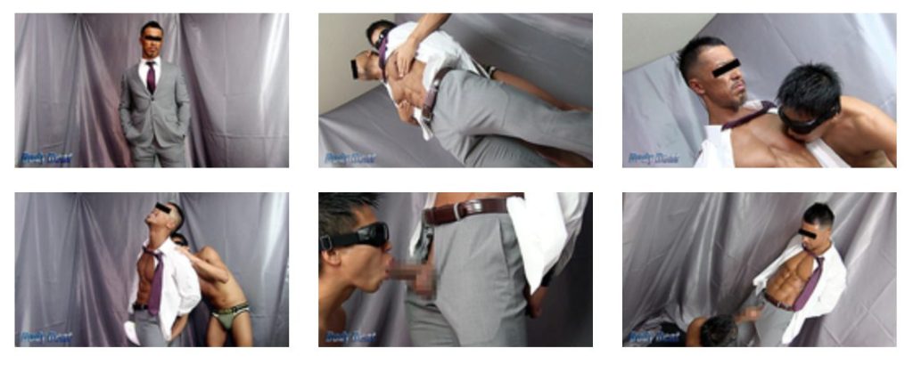 【ゲイ動画】色黒アニキがスーツ姿でチンコを露出！バキバキ腹筋のワイルド男性