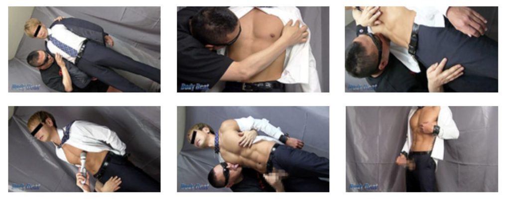 【ゲイ動画】スーツに身をまとった色黒マッチョが拘束されて振動責めでザーメン大放出